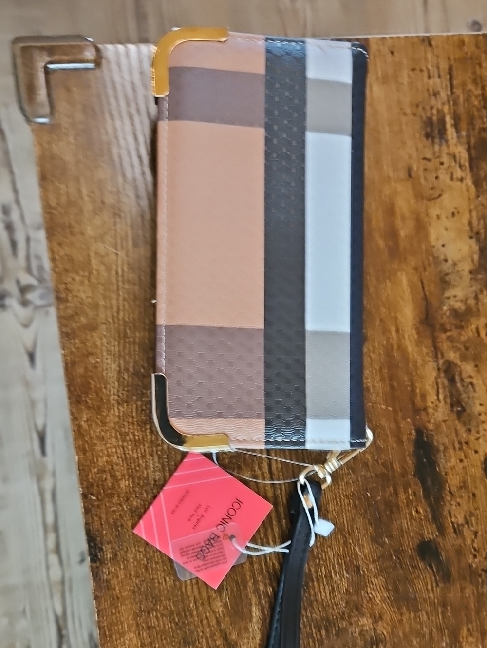 Striped Leather Wristlet Wallet - Brown, Black, Tan, Cream